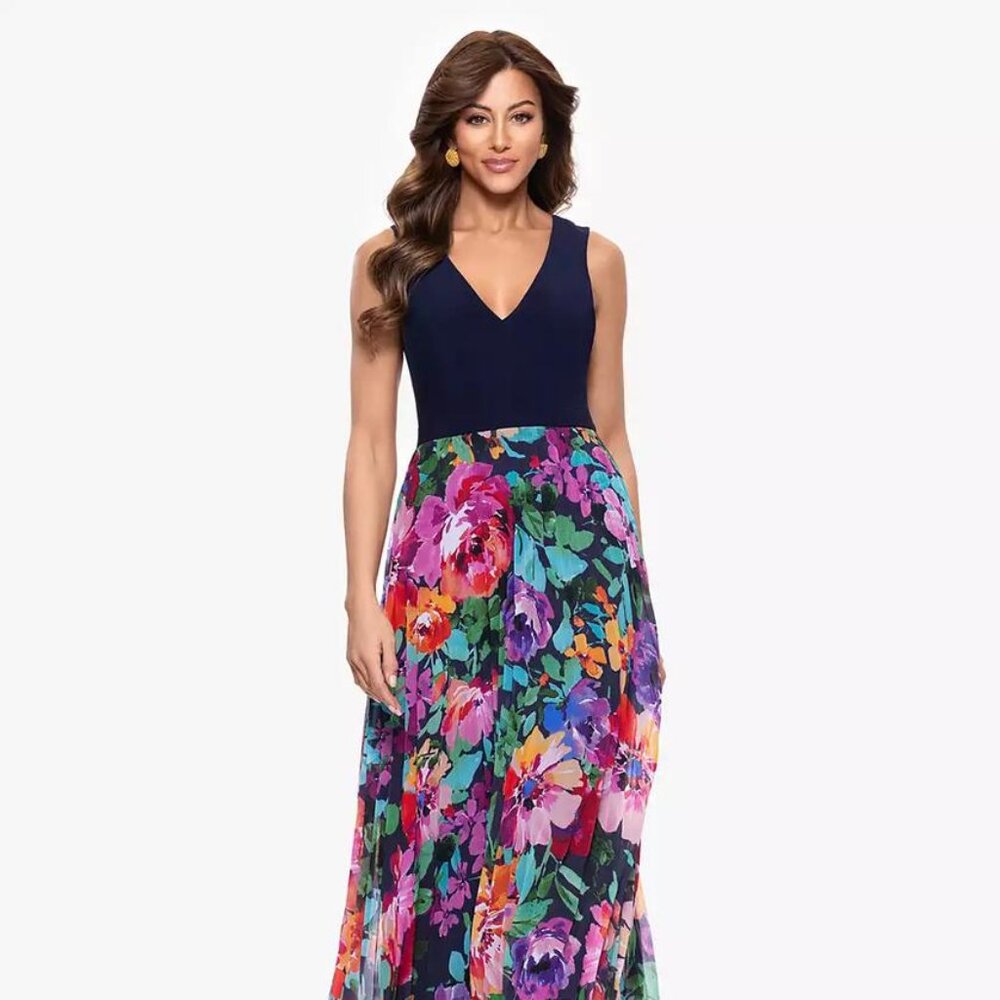 XSCAPE Women's V-Neck Printed-Skirt Gown Navy Multi Size 12